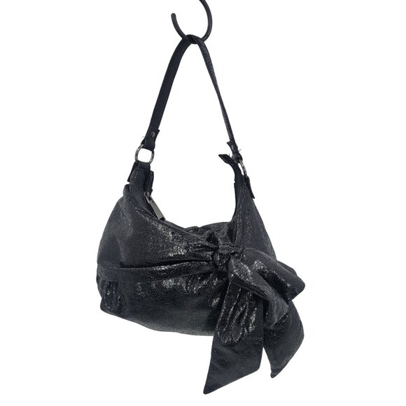 Simply Vera Liquid Black Bow Shoulder Bag Vegan Faux Leather Artsy‎ Biker Goth - Picture 2 of 14